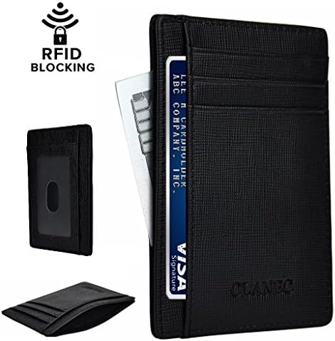 Clanec Front Pocket Wallet Minimalist Wallets Leather Slim Wallet Money Clip RFID Blocking, Safety First, Genuine Leather Card Case Wallet (Black)