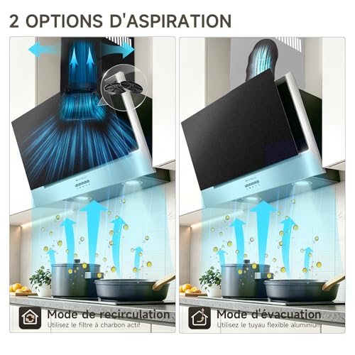 Soonye Inclined Extractor Hood 60 cm Class A+++, Kitchen Hood 370m³/h, Black Frosted Glass, Charcoal Filters Included, Wall Hood for Evacuation or Recycling