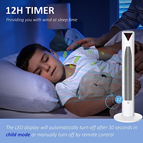 HOMCOM Freestanding Tower Fan Cooling for Home Bedroom with Oscillating, 4 Modes, 3 Speeds, 12h Timer, LED Sensor Panel, Remote Controller, White