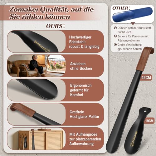 ZOMAKE Shoe Horn Long 42 cm, Small Shoe Horn 19 cm, Robust Metal Shoe Horn Set for Seniors, Children, Men & Women, Practical and Portable for Everyday and Travel (2 Black A)