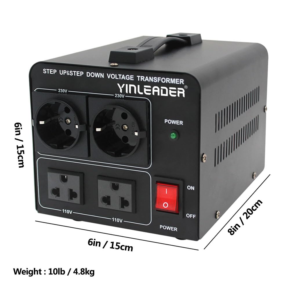 Yinleader 1000W 110V to 220V EU Voltage Converter Transformer Step Up/Down Converter 110/120 Volt - 220/230/240 Volt w/US Power Cord(NO 220V Power Cord)