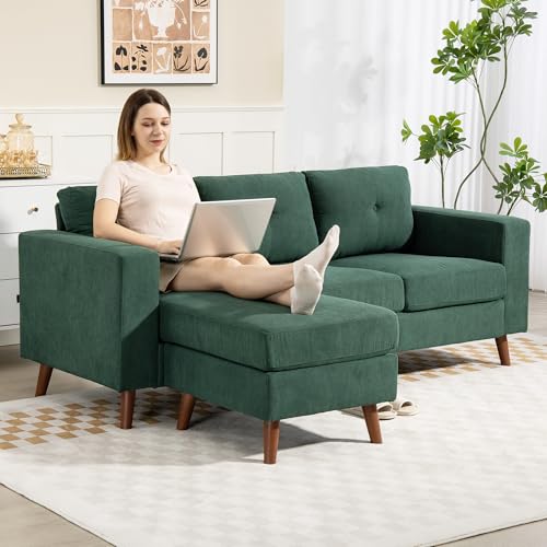 HOMCOM Sectional Sofa with Changeable Chaise Lounge, 3 Seat L-Shaped Sofa with Spring Cushion, Steel Frame, Corduroy Upholstered Couch for Living Room, Small Space, Dark Green