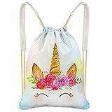 ICOSY Unicorn Mermaid Bag Sequin Drawstring Backpack Flip Sequin Bag Dance Bags Sports Outdoor Travel Backpack Bags for Girls Kids(Unicorn Horn/Silver)