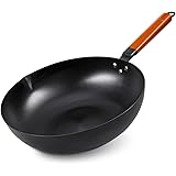 SKY LIGHT Wok Pan, No Chemical Stir Fry Pan 12.5-inch, 100% Carbon Steel Chinese Iron Pot with Detachable Wooden Handle, Scra