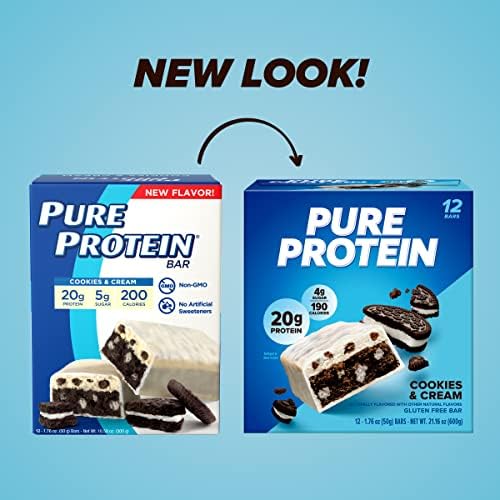 PURE PROTEIN COOKIES AND CREAM PROTEIN BARS – 20G PROTEIN, 3G SUGAR, 190 CALORIES (12 COUNT) LOW SUGAR* HIGH PROTEIN SNACK – GLUTEN FREE – PERFECT FOR A HEALTHY SNACK