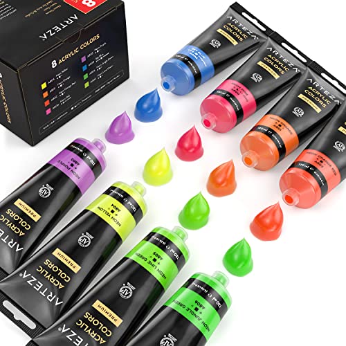 ARTEZA Neon Acrylic Paint, Set of 8, 4.06 fl oz Tubes, High Viscosity WaterBased Paint, Glossy