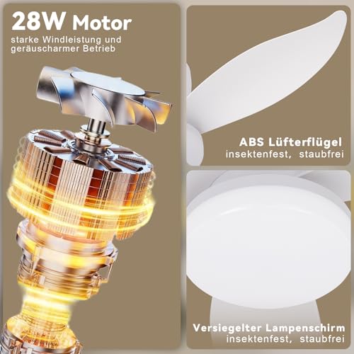 Homefire Ventilador de techo luz - Ventilador de techo silencioso con luz, 5 aspas, blanco, brillo ajustable, 6 velocidades