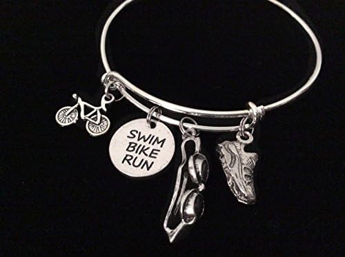 Swim Bike Run Adjustable Bracelet Triathlon Expandable Charm Bangle Tennis Shoe Goggles Athletic Sports Accomplishment Gift