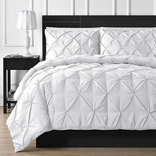 Cotton Metrics Linen Pinch Pleated 3pc Duvet Cover Set with Zipper & Corner Ties 100% Egyptian Cotton 600TC Luxurious & Soft Pintuck Decorative Duvet Set (Super King (98 x 108 Inch), White)
