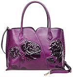 PIJUSHI Genuine Leather Top Handle Bags Floral Satchel Handbag Shoulder Purses 6913(Violet)