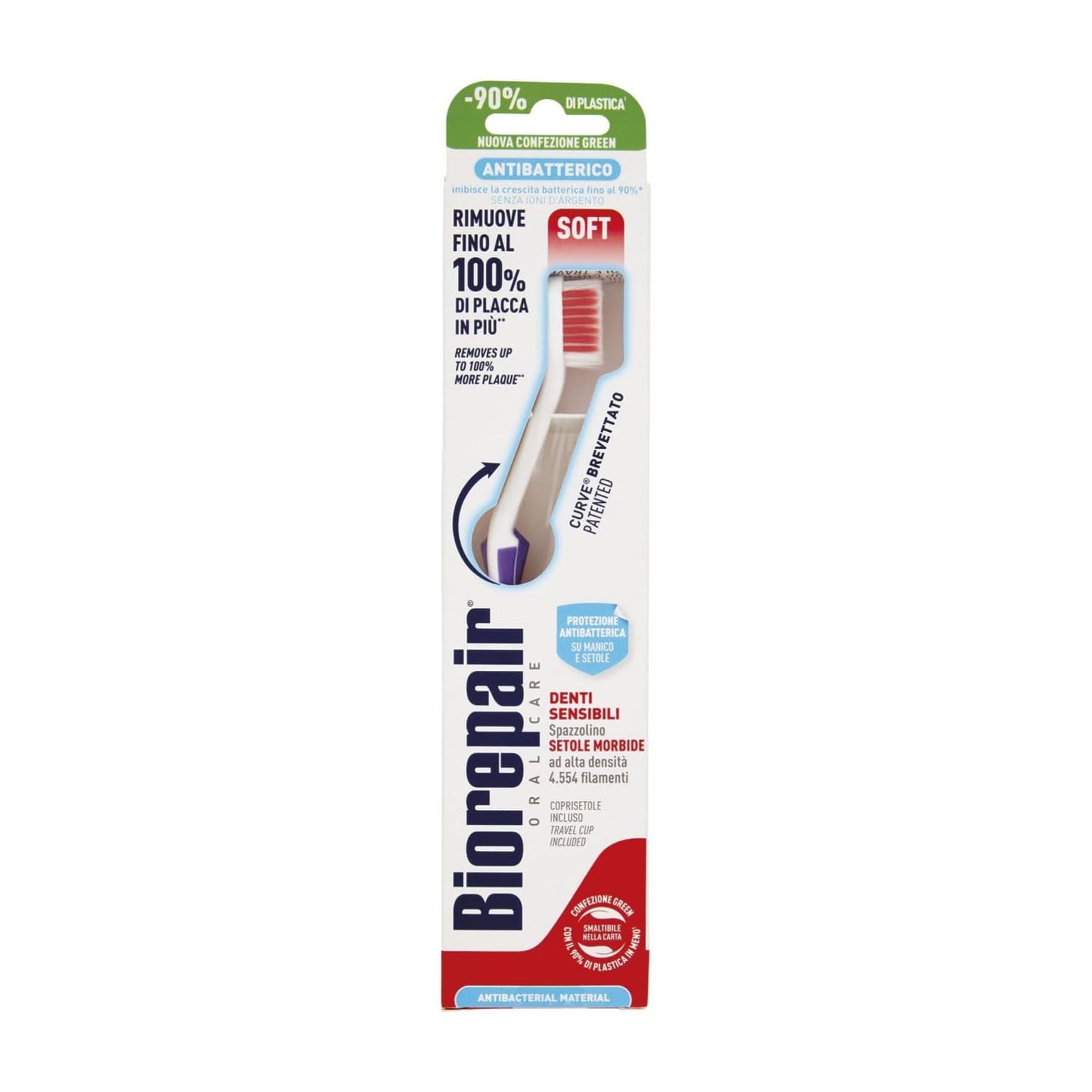 Biorepair, Sensitive Toothbrush, Soft Toothbrush for Sensitive Teeth, Soft Bristles, Patented Curved Shape, Inhibits Bacterial Growth Up to 90%, Removes Up to 100% of Plaque