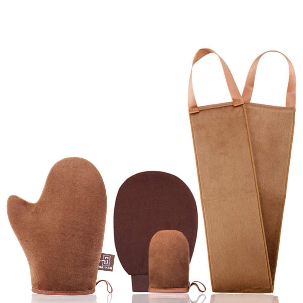 GAIYAH Self Tanning Mitt Applicator Kit - With Lotion Applicator For Back, Exfoliator Glove And Face Tan Mitt - Set of 4