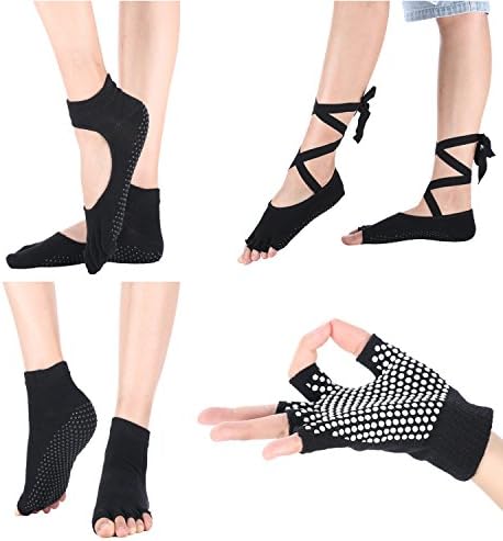 Jiexing Yoga Pilates Barre Socks and Gloves Set Non Slip with Grips for Women and Men 4 Pairs(Black)