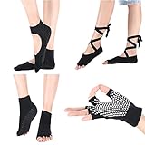 Jiexing Yoga Pilates Barre Socks and Gloves Set Non Slip with Grips for Women and Men 4 Pairs(Black)