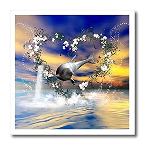 3dRose ""Dolphin Jumping By A Heart Made Of Flowers" Iron On Heat Transfer, 8"