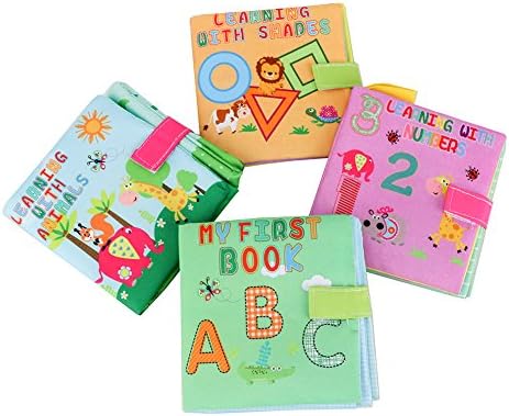 Youbedo Soft Books Cloth Baby Books Baby First Book Non-Toxic Children Educational Toys - ABC, Numbers, Shapes & Animals,Pack Of 4