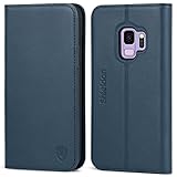 Galaxy S9 Case, SHIELDON Genuine Leather Galaxy S9 Wallet Case [Folio Cover][Stand Feature] Flip Protective Case with Card Slot + Side Pocket Magnetic Closure Compatible with Galaxy S9 - Blue