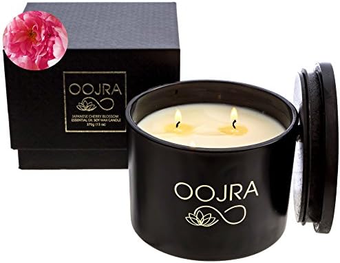 Soy Essential Oil Scented Candle, Large 3 Wick w/Lid & Gift Box 13oz Cherry Blossom Scented (+ Other Scent Options) by Oojra