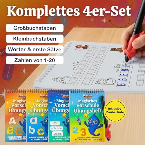 Magic Preschool Exercise Books from 5 for Boys and Girls - Playful Letters, Words & Numbers Learn to Write with Magic Ink & Ruts - 4 Preschool Books with Pen
