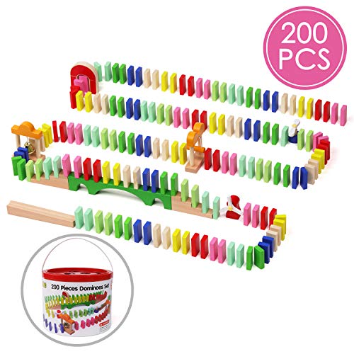 Lewo 200 PCS Wooden Dominoes Set Letters Number Building Blocks Racing Tile Games Educational Toys for Kids