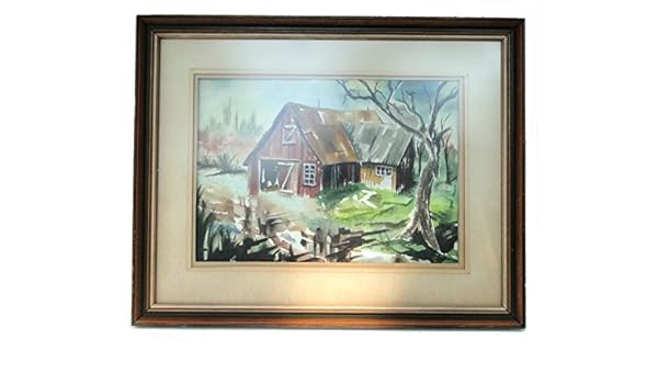 Amazon Com Vintage Old Watercolor Painting Verso Two Sided Barn