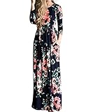 YUMDO Women's Long Sleeve Floral Print Crew Neck Dress Autumn Winter Maxi Dresses Dark Blue L