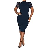 Fastkoala Women's Elegant Ribbed Bodycon Dress Lace Short Sleeve Slim Fit Midi Dress Turtle Neck Night Club Party Dresses