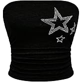 WDIRARA Women's Star Rhinestone Ruched Strapless Crop Tube Top Y2k Graphic Bandeau Tops