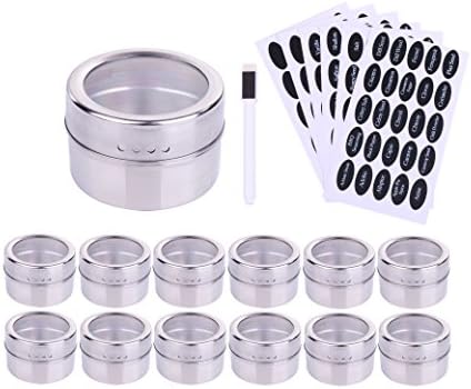 12 Magnetic Spice Tins with Spice Labels. Round Storage Spice Rack Set of 12 Clear Top Lid with Sift or Pour. Includes 96 Common Spice Stickers and 54 Blank Stickers With Chalk Pen
