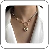 Vacaonio Boho Puffed Heart Pendant Necklace Gold Paperclip Link Necklace Pearl Bead Choker Necklace Chunky Paperclip Chain Link Neckalce Circle Heart Choker Necklace Jewelry for Women