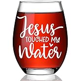 Ymzkpoa Jesus Touched My Water,Funny Wine Glass Gifts for Women,Christian Birthday Gift for Mom Her,Jesus Gifts for Women,Retirement Stemless Wine Glass for Christmas Thanksgiving -13