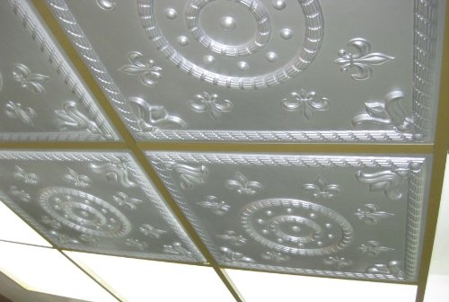 ceiling tiles #27 Tin Silver PVC 2x2 Grid Suspended and Glue up Fire Rated.