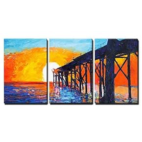 Painting of Sunset Over Ocean Wall Decor x3 Panels
