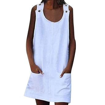 Goosuny Sommerkleider Damen Baumwolle Leinen Langes Shirt Casual Locker Tunika Ärmellos T-Shirt Kleid Rundhalsausschnitt Tank