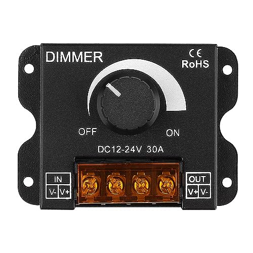 TERRIFI DC 12V-24V 30A LED Light Strip Dimmer, PWM Dimming Controller with ON/Off Switch Knob, Aluminum Case for 5050 3528 LED Strip Lights, Adjust Brightness with Precision, Black