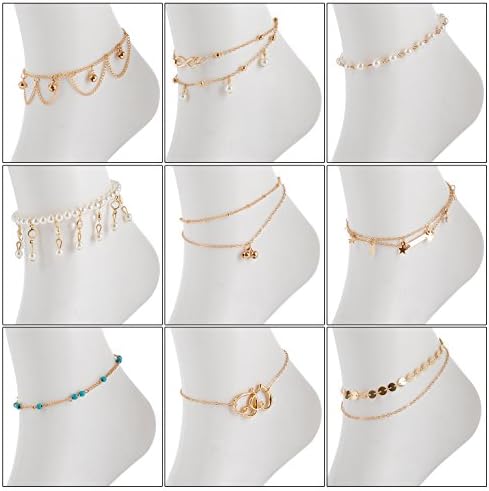 YallFF 9PCS Gold Anklets for Women Adjustable Gold Turquoise Pearl Anklet for Girls Infinite Love Beach Anklet Foot Jewelry Set (Golden)