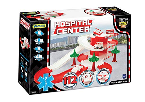 Wader 53530 - Play Tracks City Krankenhaus auf drei Ebenen mit drei Fahrzeugen und 4,8 m Spielstraße, ab 12 Monaten, ideal als Geschenk für kreatives Spielen