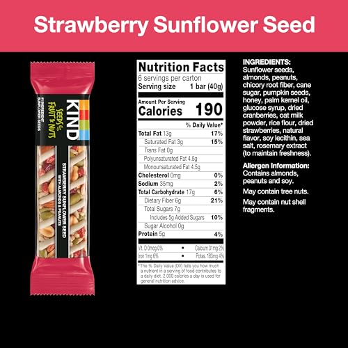 KIND HEALTHY SNACKS BARS, STRAWBERRY SUNFLOWER SEED, GLUTEN FREE, HIGH FIBER SNACKS, 5G PROTEIN, 6 COUNT