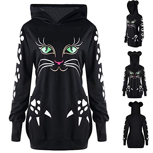 Sanyyanlsy Fall Winter Women's Cat Ear Hoodie Sweatshirt Black Long Sleeve Cat Paw Print Slim T-Shirt Tops with Pocket - Thumbnail 5