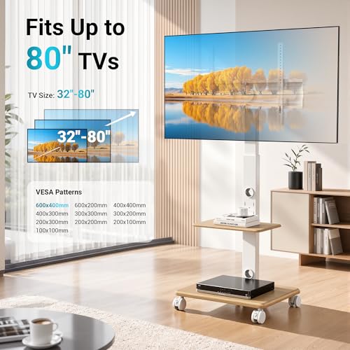BONTEC TV Stand with 5 Castors and Wooden Base, Universal TV Stand for 32-80 Inch TVs, VESA 600 x 400 mm, 60 kg, Adjustable Height 1210-1500 mm, Tilt, Swivel, No Drilling Required
