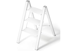 LADNAMY Step Ladder, Folding Step Stool W/Anti-Slip Pedal&Rubber Feet, Lightweight Safety Step Stools for Adults, Decorative 3 Step Ladder for Kitchen Library Closet, Aluminum Sturdy Ladders, Creamy White