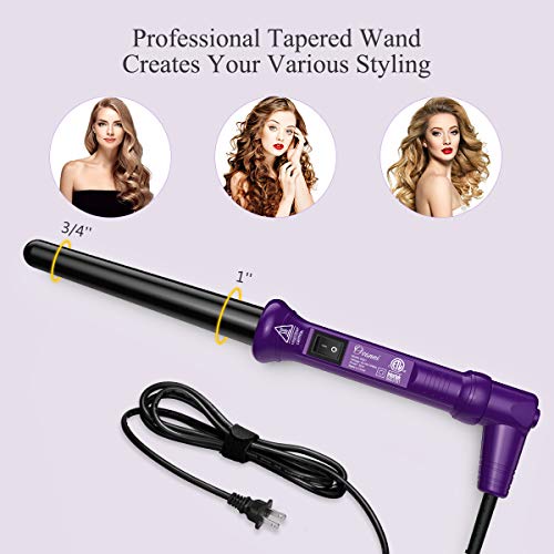 Ovonni Ionic Curling Wand, 3/4-1 Inch Dual Voltage Ceramic Tourmaline Curling Iron Wand, Professional Instant Heat Up Hair Wand for Loose Curls and Waves with Heat Protective Glove (Purple)