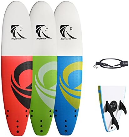 RAYSTREAK 8’2 Soft top Surfboard with Blue Green Red Options| 8ft 2 inches Soft Surf Board Longboard | Crocskin Non-Slip Deck Foam Surfboard| Performance Softboard Package with fin and Leash