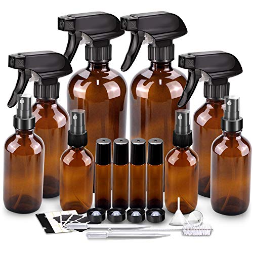 Glass Spray Bottle Kits, BonyTek Empty 4 10 ml Roller Bottles, 8 Amber Essential Oil Bottle(16oz,8oz,4oz,2oz) with Labels for Aromatherapy Cleaning