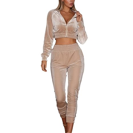 Dihope Damen Velour Sportanzug Langarm Jogginganzug Kurz Jacke und Hose 2pcs