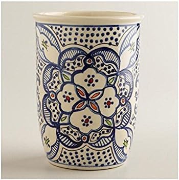 World Market Tunis Utensil Caddy - Utensil Crock Utensil Organizer - Ceramic Utensil Holder Large Sturdy Hand Crafted And Painted Blue And White North African Design - Kitchen Cooking Utensil Holders