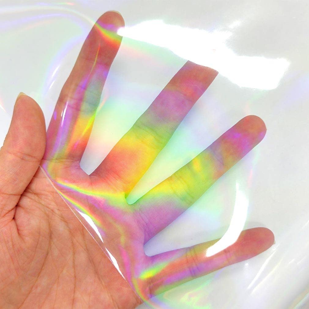 XHT Holographic Clear PVC Vinyl, 30 x 135 cm Iridescent Laminate Transparent Waterproof Vinyl Film (Rainbow)