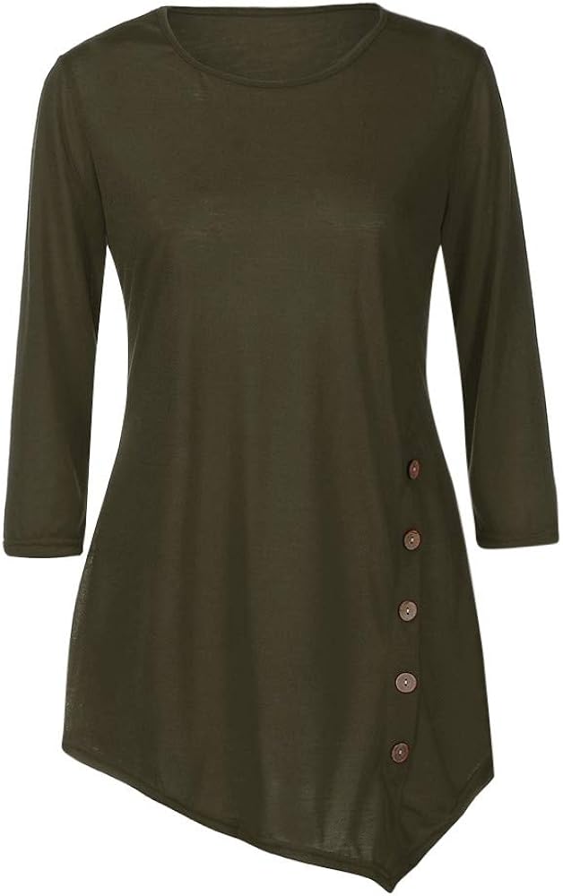 Women Blouse HGWXX7 Long Sleeve Plus Irregular Loose Button Trim Solid Color Round Neck Tunic T-Shirt Blouse Size S~XXXXXXL