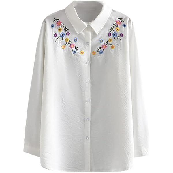 Women Lapel Floral Embroidery Shirts Loose Long Sleeve Button Down