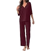 COSSEN Women’s 2 Piece Pajamas Set Ribbed Knit Loungewear Casual Outfits 3/4 Sleeve Tops and Wide Leg Pants Set